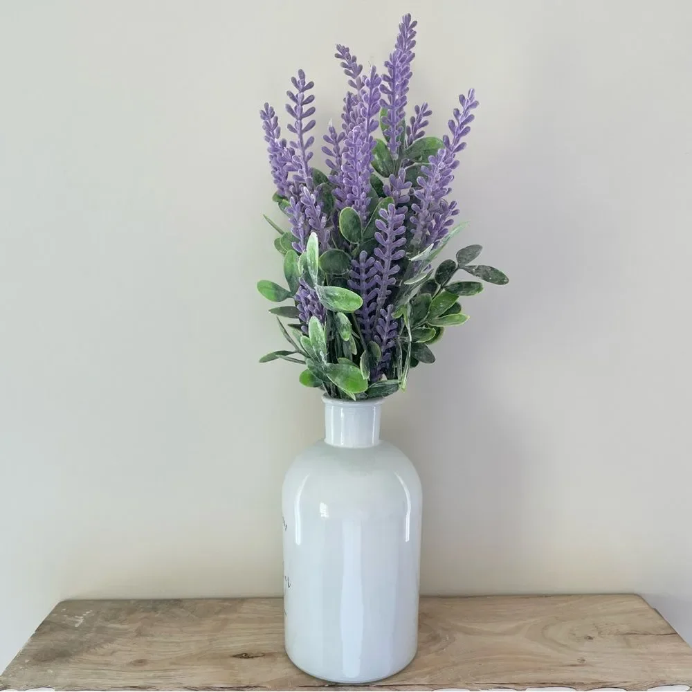 Handmade Artificial Lavender Arrangement in Milk Glass Vase